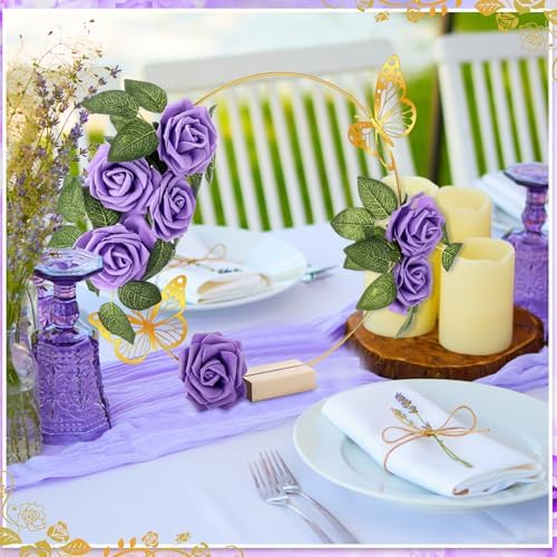 6 Pack Floral Hoop Centerpieces Table Decorations Kit Include 6 Metal Wreath Ring with 6 Wood Base 50 Rose, alternate view 6