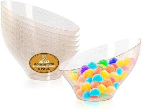 6 Pack Glitter Angled Candy Bowls - Gold Plastic bowls 20 Oz - Premium Gold Plastic Serving Bowls Disposable