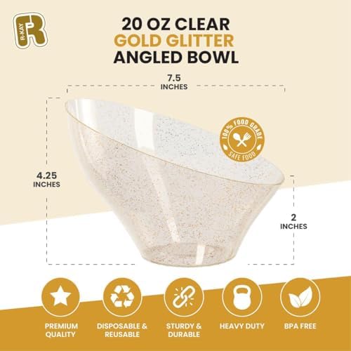 6 Pack Glitter Angled Candy Bowls - Gold Plastic bowls 20 Oz - Premium Gold Plastic Serving Bowls Disposable, alternate view