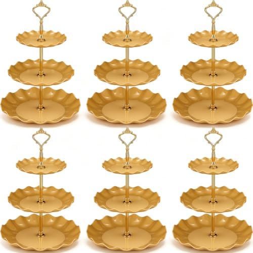 6 Pack Gold 3 Tier Cupcake Stand Plastic Serving Tray in gold