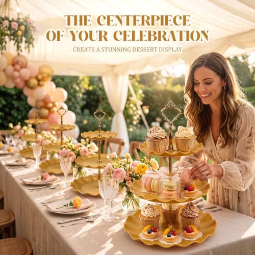 6 Pack Gold 3 Tier Cupcake Stand Plastic Serving Tray in gold, alternate view 2