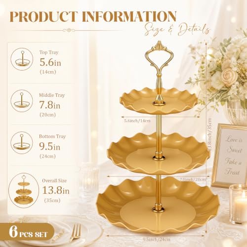 6 Pack Gold 3 Tier Cupcake Stand Plastic Serving Tray in gold, alternate view 3