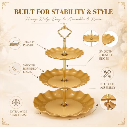 6 Pack Gold 3 Tier Cupcake Stand Plastic Serving Tray in gold, alternate view 6