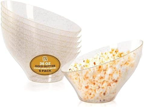 6 Pack Gold Glitter Angled Candy Bowls - Large Gold Plastic bowls - Premium Plastic Serving Bowls Heavy Duty For