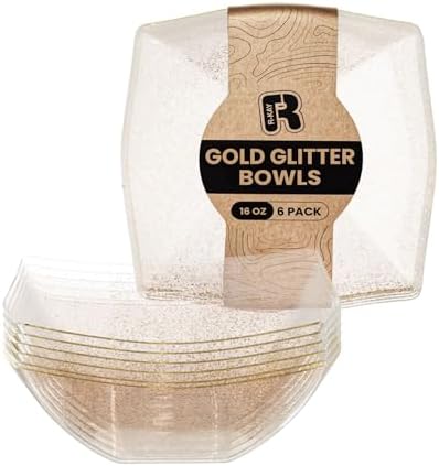 6 Pack Gold Glitter Plastic Serving Bowls -16 Oz Gold Plastic bowls 16 Oz - Disposable Serving Bowls Heavy Duty