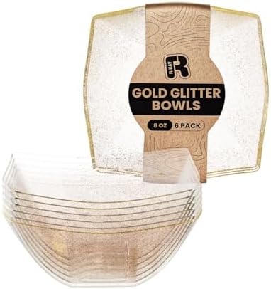 6 Pack Gold Small Plastic Serving Bowls 8 oz - Gold Glitter Small Plastic Bowls for Parties, Premium For