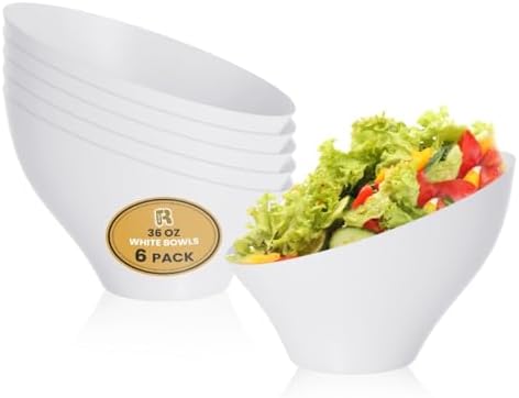 6 Pack Large Plastic Bowls - Premium White bowls - Plastic Serving Bowls Heavy Duty For Weddings Catering
