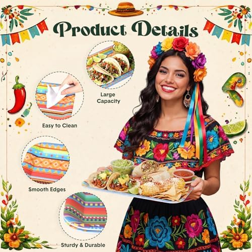 6 Pack Mexican Melamine Serving Trays, 13 x 10 in Aztec Platters in 13 x 10 inch in Multicolor, alternate view 4