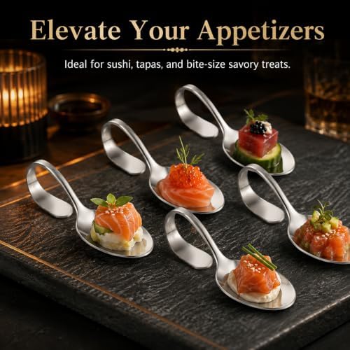 6 Pack Mini Appetizer Plates, Stainless Steel Tasting Spoons in Silver, alternate view 3