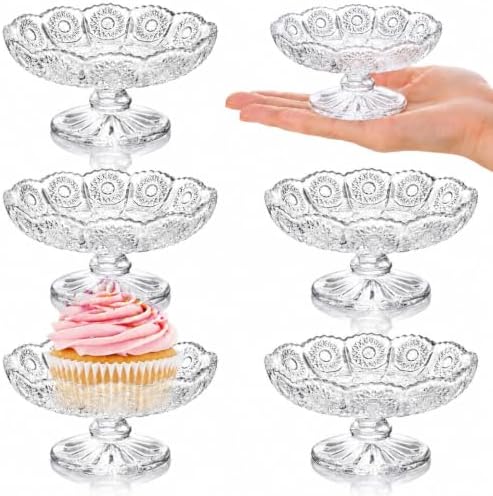 6 Pack Mini Glass Cake Plate, 4'' Single Cupcake Stand in Clear