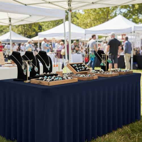 6 Pack Navy Spandex Table Covers 6ft Rectangle Ruffle Skirts for Party in 30x72 Inch| 6 Pack in Navy, alternate view 6