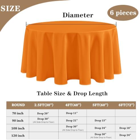 6 Pack Orange Tablecloths 70 Inch Round for 36"-48" Tables in Orange, alternate view 5