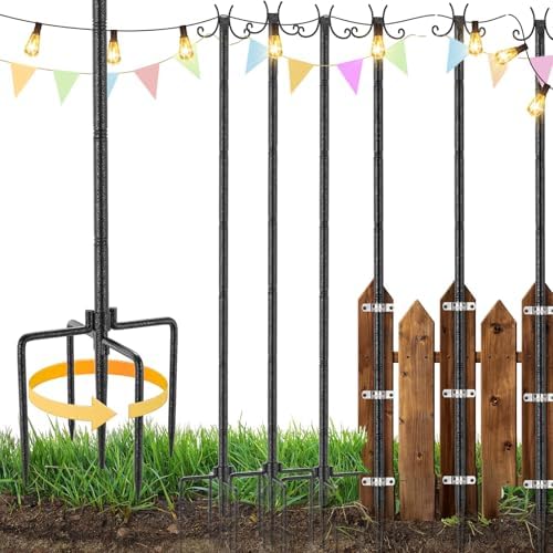 6 Pack Outdoor String Light Poles, Metal Lights Hanging Pole with 2 Hooks and Rustproof, for Patio Garden Deck