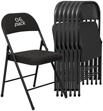 6 Pack Padded Folding Chairs, PU Leather Seat, 350 lb, Black in Black
