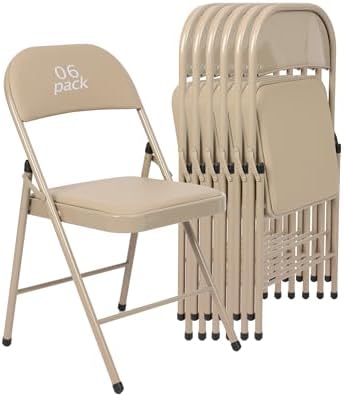 6 Pack Padded Folding Chairs, PU Leather Seat, 350 lb, Khaki in Khaki