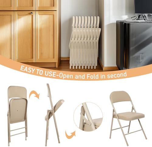 6 Pack Padded Folding Chairs, PU Leather Seat, 350 lb, Khaki in Khaki, alternate view 4