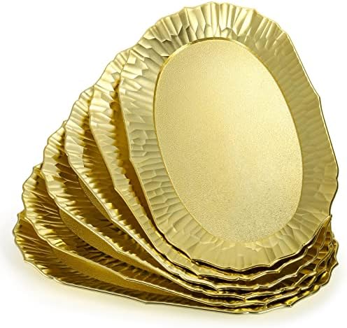 6 Pack Plastic Serving Tray, Gold Serving Platter Set, Reusable Party Snack Serving Tray, Decorative Food