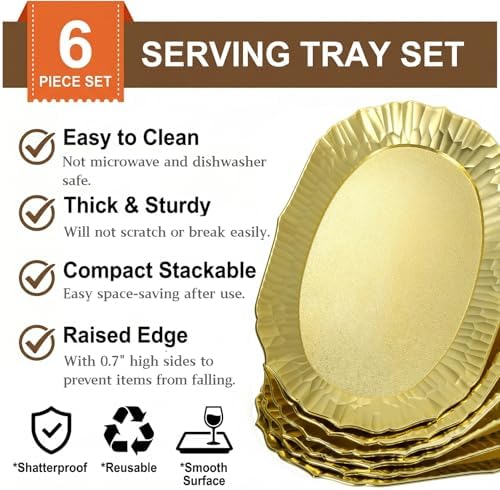 6 Pack Plastic Serving Tray, Gold Serving Platter Set, Reusable Party Snack Serving Tray, Decorative Food, alternate view 4