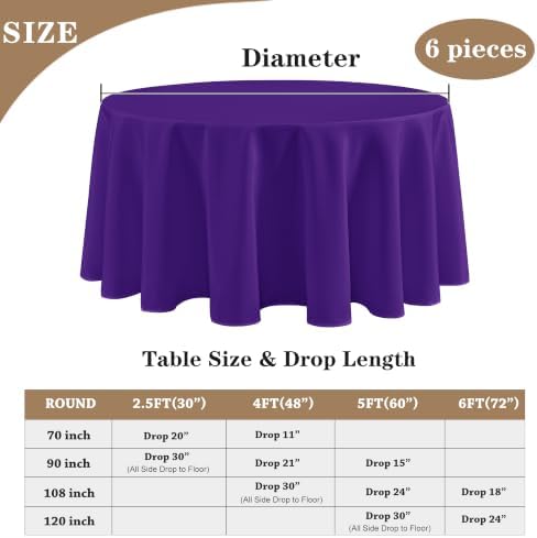 6 Pack Purple Tablecloths 120 Inch Round for 48"-96" Tables in Purple, alternate view 5