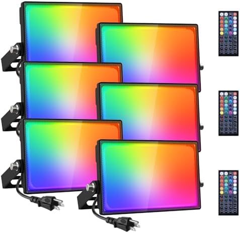 6 Pack RGB LED Flood Light Outdoor, 70W Color Changing Uplights with Remote, 2700K Warm White IP66 Stage