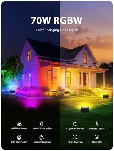 6 Pack RGB LED Flood Light Outdoor, 70W Color Changing Uplights with Remote, 2700K Warm White IP66 Stage, alternate view 2