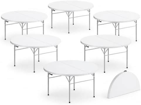 6 Pack Round Plastic Bi-Fold Folding Table, 60 Inch, Granite White, Alloy Steel Frame for Banquets, Catering