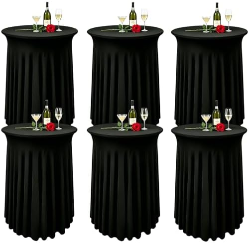 6 Pack Round Spandex Cocktail Table Tablecloth with Skirts, 32 x 43 Inch Black Spandex High Top Cocktail Table