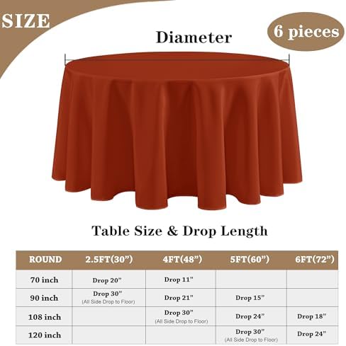 6 Pack Rust Tablecloths 108 Inch Round for 36"-84" Tables in Rust, alternate view 2