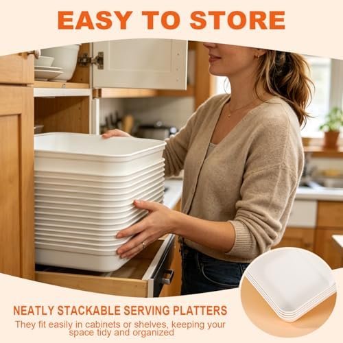 6 Pack Serving Tray for Party Reusable BPA-Free Plastic Food Serving Platter White Catering Trays for Dessert, alternate view
