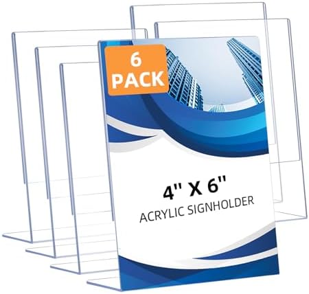 6 Pack Slanted Back Acrylic Sign Holders 4x6 for Business & Store, Tabletop Vertical Sign Holder with Anti-Slip