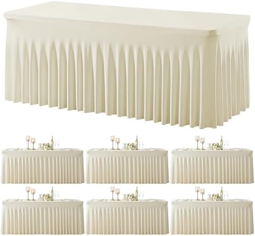 6 Pack Spandex Beige Fitted Table Cloth for 6ft Rectangle Tables Beige Stretch Tablecloth Table Covers Skirt
