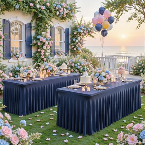 6 Pack Spandex Navy Blue Fitted Table Cloth for 8ft Rectangle Tables Navy Blue Stretch Tablecloth Banquet Table, alternate
