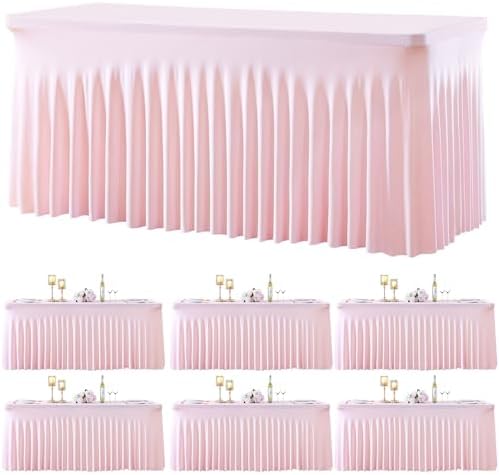 6 Pack Spandex Pink Fitted Table Cloth for 6ft Rectangle Tables Pink Stretch Tablecloth Table Covers Skirt