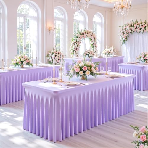 6 Pack Spandex Purple Fitted Table Cloth for 6ft Rectangle Tables Purple Stretch Tablecloth Table Covers Skirt, alternate