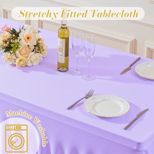 6 Pack Spandex Purple Fitted Table Cloth for 6ft Rectangle Tables Purple Stretch Tablecloth Table Covers Skirt, alternate