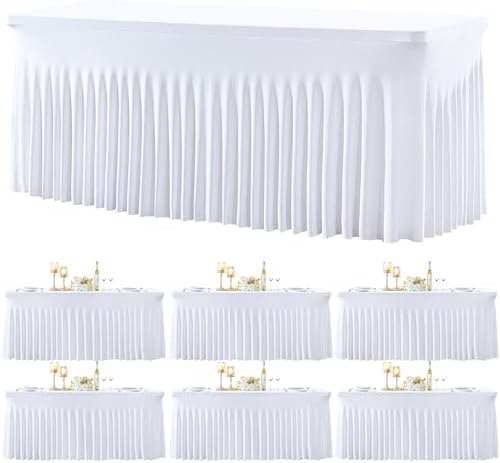 6 Pack Spandex White Fitted Table Cloth for 8ft Rectangle Tables White Stretch Tablecloth Table Covers Skirt