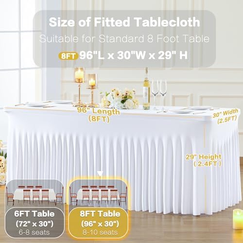 6 Pack Spandex White Fitted Table Cloth for 8ft Rectangle Tables White Stretch Tablecloth Table Covers Skirt, alternate view