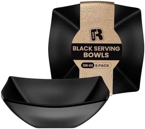 6 Pack Square Extra Large Plastic Black Serving Bowls -128 Oz Black Plastic bowls - Salad Bowls Large Serving