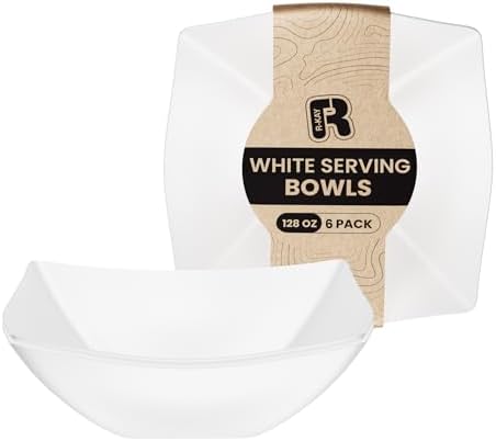 6 Pack Square Extra Large Plastic White Serving Bowls -128 Oz White Plastic bowls - Salad Bowls Large Serving