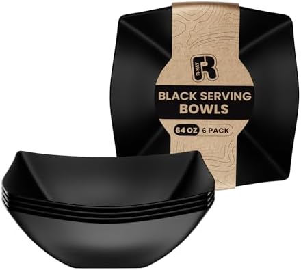 6 Pack Square Plastic Black Serving Bowls - Black Plastic bowls 64 Oz - Salad Bowls Large Serving - Premium