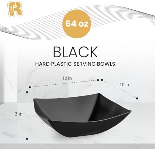 6 Pack Square Plastic Black Serving Bowls - Black Plastic bowls 64 Oz - Salad Bowls Large Serving - Premium, alternate view 3
