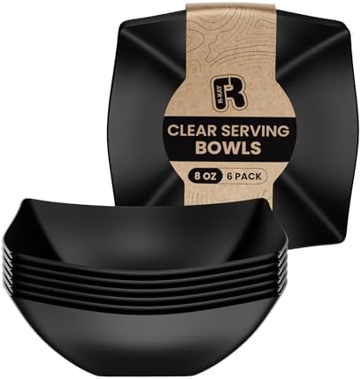 6 Pack Square Plastic Serving Bowls - Black Plastic bowls 8 Oz - Disposable Serving Bowls, Disposable Heavy Duty