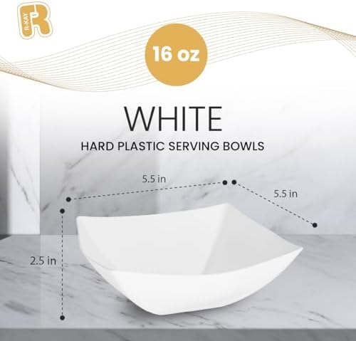 6 Pack Square Plastic Serving Bowls - White Plastic bowls 16 Oz - Premium White Bowls Disposable Heavy Duty For, alternate