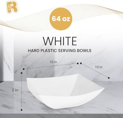 6 Pack Square Plastic White Serving Bowls - White Plastic bowls 64 Oz - Salad Bowls Large Serving - Premium, alternate view 3