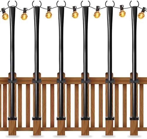 6 Pack String Light Poles for Deck, 5Ft Heavy-Duty Metal Deck Light Poles for Outside with Fixing Clips