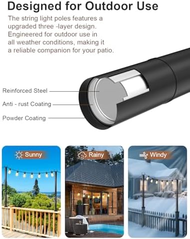 6 Pack String Light Poles for Deck, 5Ft Heavy-Duty Metal Deck Light Poles for Outside with Fixing Clips, alternate view 5