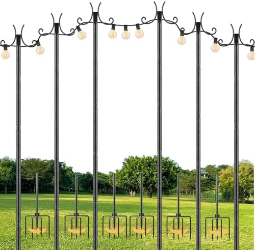 6 Pack String Light Poles for Outside, 10 FT Heavy Duty Metal Festoon Poles with 4-Prong Ground Stake