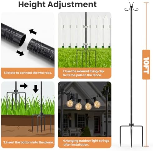 6 Pack String Light Poles for Outside, 10 FT Heavy Duty Metal Festoon Poles with 4-Prong Ground Stake, alternate view 3