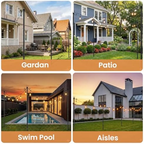 6 Pack String Light Poles for Outside, 10 FT Heavy Duty Metal Festoon Poles with 4-Prong Ground Stake, alternate view 7