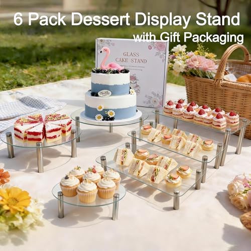 6 Pack Tempered Glass Cake Stands Set 9 11 13 Inch Dessert Display Riser in Clear, alternate view 7